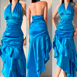 Ndyad Blue Halter Neck Sheath Layered Satin Prom Dresses Vintage Evening Gowns HZ1024