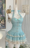 Ndyad Blue Plaid Halter A-Line Short Dress Outdoor Party Outfit HZ1024