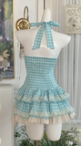 Ndyad Blue Plaid Halter A-Line Short Dress Outdoor Party Outfit HZ1024