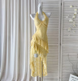 Ndyad Butter Yellow Halter Neck A-Line Lace Short Party Dress Simple Evening Dress HZ1024