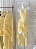 Ndyad Butter Yellow Halter Neck A-Line Lace Short Party Dress Simple Evening Dress HZ1024