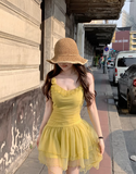 Ndyad Yellow Strap Tulle Short Summer Dress HZ1024