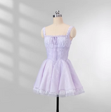 Ndyad Purple Square Neck A-Line Tulle Short Evening Dress for Birthday Cute Homecoming Dress HZ1024