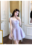 Ndyad Purple Square Neck A-Line Tulle Short Evening Dress for Birthday Cute Homecoming Dress HZ1024