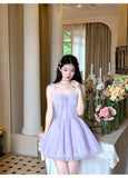 Ndyad Purple Square Neck A-Line Tulle Short Evening Dress for Birthday Cute Homecoming Dress HZ1024
