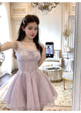 Ndyad Purple Square Neck A-Line Tulle Short Evening Dress for Birthday Cute Homecoming Dress HZ1024
