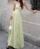 Ndyad Green Strapless A-Line Tulle Lace Long Evening Gown Birthday Party Dress HZ1024