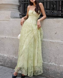 Ndyad Green Strapless A-Line Tulle Lace Long Evening Gown Birthday Party Dress HZ1024