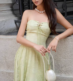 Ndyad Green Strapless A-Line Tulle Lace Long Evening Gown Birthday Party Dress HZ1024