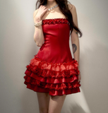 Ndyad Red Strapless Sheath Layered Satin Short Prom Dresses Outdoor Party Outfit HZ1024