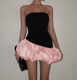 Ndyad Black/Pink Strapless A-Line Satin Short Party Dress Fashion Evening Dress HZ1024