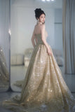 Ndyad Elephant V-neck A-Line Tulle Sequins Beaded Long Prom Dresses Formal Evening Gowns HZ1024