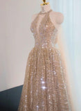 Ndyad Elephant V-neck A-Line Tulle Sequins Beaded Long Prom Dresses Formal Evening Gowns HZ1024