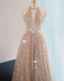 Ndyad Elephant V-neck A-Line Tulle Sequins Beaded Long Prom Dresses Formal Evening Gowns HZ1024
