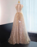 Ndyad Elephant V-neck A-Line Tulle Sequins Beaded Long Prom Dresses Formal Evening Gowns HZ1024