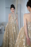 Ndyad Elephant V-neck A-Line Tulle Sequins Beaded Long Prom Dresses Formal Evening Gowns HZ1024