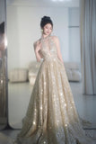Ndyad Elephant V-neck A-Line Tulle Sequins Beaded Long Prom Dresses Formal Evening Gowns HZ1024