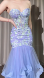 Ndyad Purple Sweetheart Neck Mermaid Long Tulle Evening Gown Stunning Prom Dresses with Embroidered Appliques HZ1024