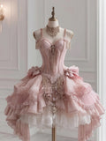 Ndyad Pink Spaghetti Straps A-Line Lolita Tulle Lace Prom Dresses with Beading HZ1024
