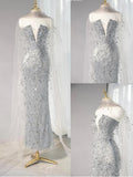 Ndyad Silver Grey Strapless Sheath Sequin Wedding Dress with Veil, Formal Elegant Evening Gown HZ1024