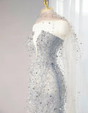 Ndyad Silver Grey Strapless Sheath Sequin Wedding Dress with Veil, Formal Elegant Evening Gown HZ1024