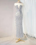 Ndyad Silver Grey Strapless Sheath Sequin Wedding Dress with Veil, Formal Elegant Evening Gown HZ1024