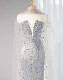 Ndyad Silver Grey Strapless Sheath Sequin Wedding Dress with Veil, Formal Elegant Evening Gown HZ1024
