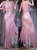 Ndyad Pink V Neck Sheath Beaded Chiffon Prom Dresses Retro Evening Dress with Veil, Formal Elegant Evening Gown HZ1024