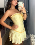 Ndyad Yellow Strapless Bodycon Chiffon Satin Short Party Dress Fashion Homecoming Dress HZ1024