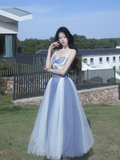 Ndyad Sweetheart Grey Blue A-Line Tulle Long Prom Dresses Sweet 20 Evening Gowns HZ1024