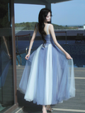 Ndyad Sweetheart Grey Blue A-Line Tulle Long Prom Dresses Sweet 20 Evening Gowns HZ1024