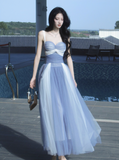 Ndyad Sweetheart Grey Blue A-Line Tulle Long Prom Dresses Sweet 20 Evening Gowns HZ1024
