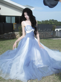Ndyad Sweetheart Grey Blue A-Line Tulle Long Prom Dresses Sweet 20 Evening Gowns HZ1024