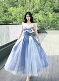 Ndyad Sweetheart Grey Blue A-Line Tulle Long Prom Dresses Sweet 20 Evening Gowns HZ1024