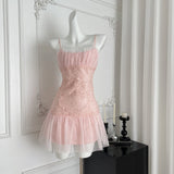Ndyad Pink Spaghetti Straps A-Line Tulle Lace Short Birthday Dress Outdoor Party Outfit HZ1024