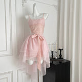 Ndyad Pink Spaghetti Straps A-Line Tulle Lace Short Birthday Dress Outdoor Party Outfit HZ1024