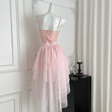 Ndyad Pink Spaghetti Straps A-Line Tulle Lace Short Birthday Dress Outdoor Party Outfit HZ1024