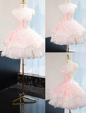 Ndyad Pink Strapless A-Line Tulle Applique Short Prom Dresses Gorgeous Homecoming Dress HZ1024