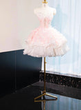 Ndyad Pink Strapless A-Line Tulle Applique Short Prom Dresses Gorgeous Homecoming Dress HZ1024