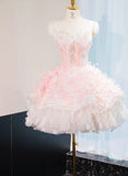 Ndyad Pink Strapless A-Line Tulle Applique Short Prom Dresses Gorgeous Homecoming Dress HZ1024