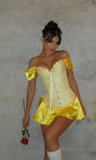 Ndyad Yellow Off Shoulder Sheath Satin Short Homecoming Dress HZ1024