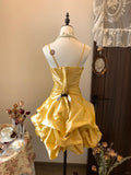 Ndyad Gold Spaghetti Straps A-Line Satin Short Prom Dresses Elegant Homecoming Dress HZ1024