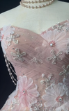 Ndyad Pink Strapless A-Line Tulle Beaded Short Prom Dresses Sweet Homecoming Dress HZ1024