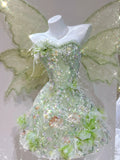 Ndyad Green Strapless A-Line Tulle Beaded Short Prom Dresses Fairytale Dress for Events HZ1024