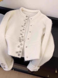 Ndyad style white raccoon fleece round neck cardigan HZ1024