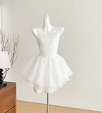 Ndyad White Spaghetti Straps A-Line Tulle Beaded Short Prom Dresses Sweet 16 Dresses HZ1024
