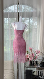 Ndyad Pink Spaghetti Straps Bodycon Beaded Sequin Short Prom Dresses HZ1024