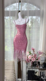 Ndyad Pink Spaghetti Straps Bodycon Beaded Sequin Short Prom Dresses HZ1024