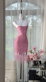 Ndyad Pink Spaghetti Straps Bodycon Beaded Sequin Short Prom Dresses HZ1024