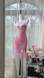 Ndyad Pink Spaghetti Straps Bodycon Beaded Sequin Short Prom Dresses HZ1024